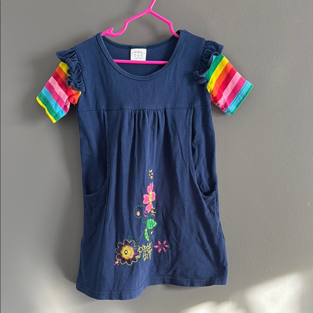 Blue Casual Dress with Rainbow Sleeves and Floral Appliqué